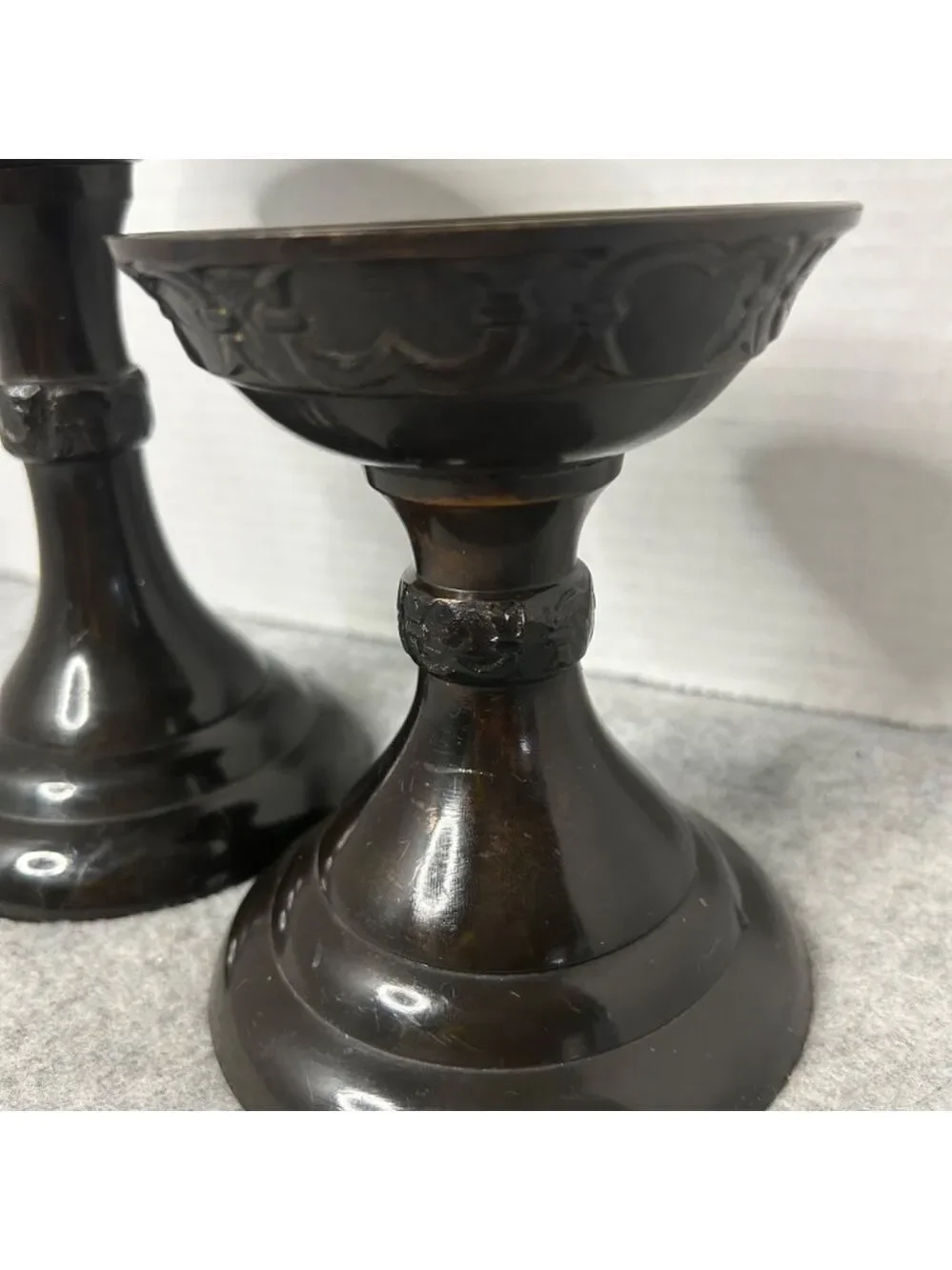 Pottery Barn Metal Candle Pillars Etched Set of 2 Black Brown Sml Flaw See Pic